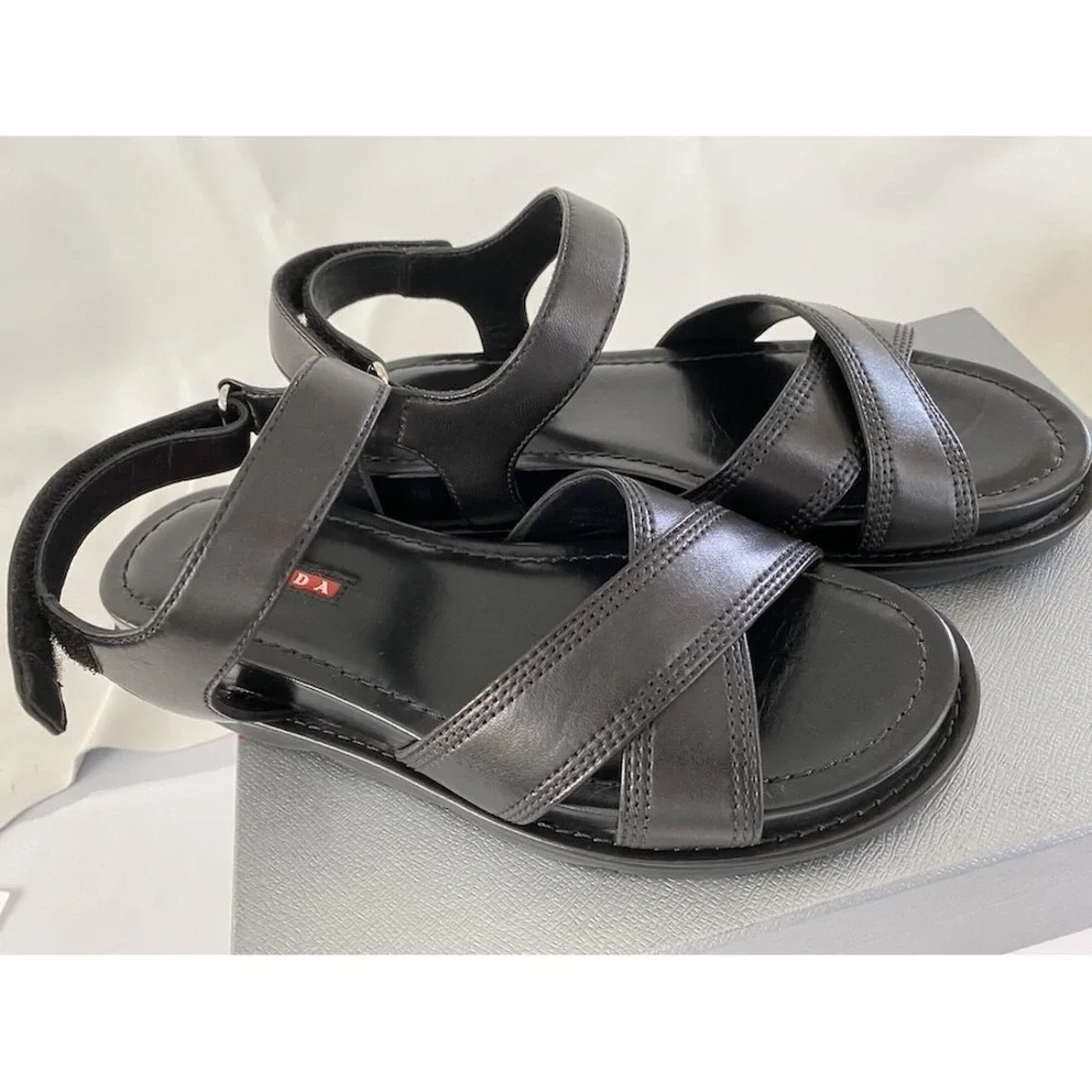 Prada 3X6289‎ Women's BLACK LEATHER STITCHED OPEN TOE FLATS SANDALS, 36.5